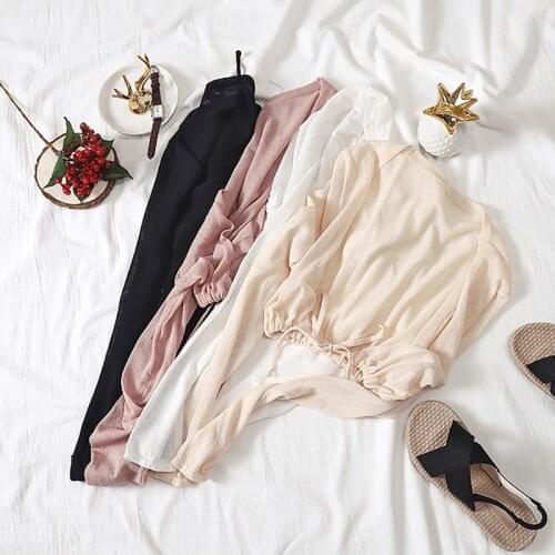 Summer Womens Blouses Elegant Solid Loose Long Sleeve Sun Protection Kimono Lace Up Knitted Cardigan