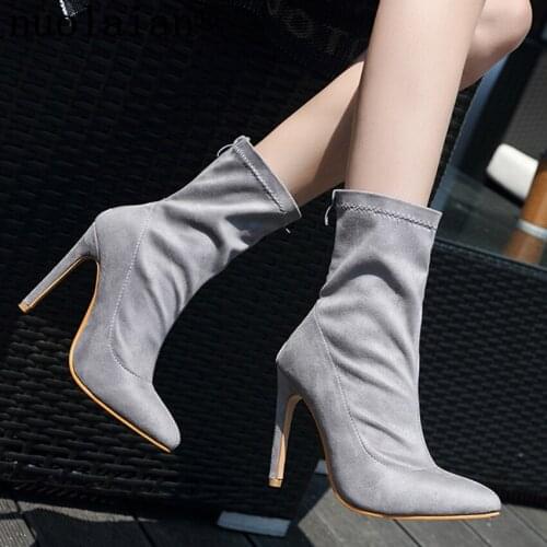 10.5CM Womens Faux Suede Leather Boots Dress Winter Shoes Women Ankle Boots Ladies High Heels Boot Lady Shoe