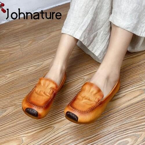 Johnature Flats Women Shoes Spring/Summer 2021 New Genuine Leather Round Toe Handmade Concise Shallow Soft Retro Ladies Shoes