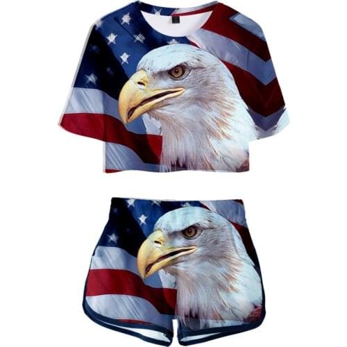 Skull Eagle USA National Flag 3d Printed Two Piece Set Women Fashion Short Sleeve Crop Top + Shorts Streetwear Casual Clothes