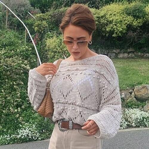Ardm Fashion Geometry Hollow Out O-Neck Pull Femme Za Woman 2021 Knitted Sweater Vintage Long Sleeve Female Pullovers Chic Tops