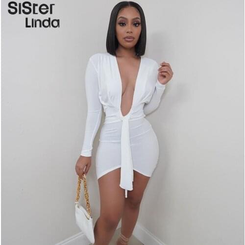 Sisterlinda Sexy Deep V Neck Long Sleeve Y2K Dress For Women Casual Street Party Clubwear Bodycon Mini Dress Night Club Outfits