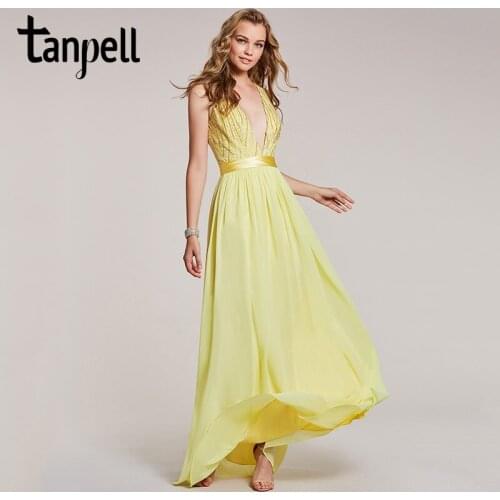 Tanpell v neck long evening dress daffodil sleeveless beaded floor length a line gown women prom chiffon formal evening dresses