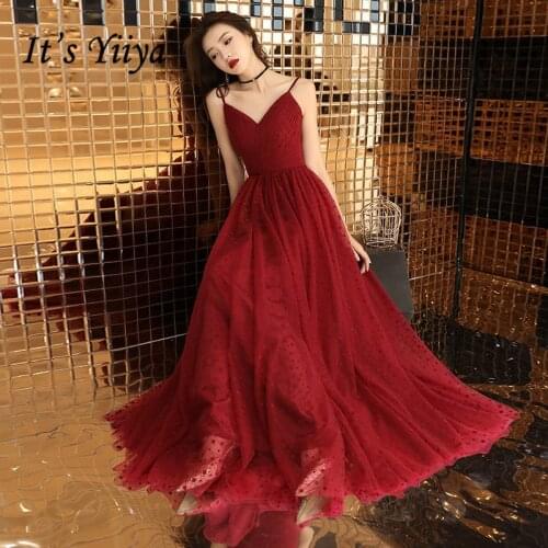 Its YiiYa Evening Dress Sexy V-neck Pleat Dot Pattern Print Party Gown Fashion Spaghetti Strap Floor length Formal Dresses E040