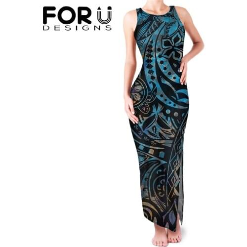 FORUDESIGNS Samoan Polynesian Tribal Design Summer Vintage Tunic Dress Womens Floor-length Bodycon Dress High Slit Sleeveless