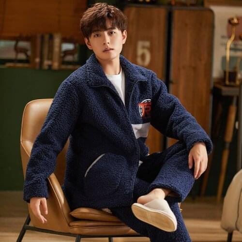 Winter Pajamas Mens Coral Flannel Blue Colour Letter Male Housewear Set