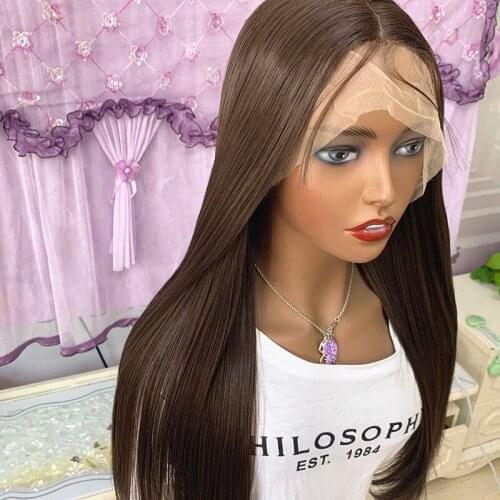 26inch 180% Womens Long Straight Lace Front Wig Hair Synthetic Natural Brown Cosplay Party Dark Brown Heat Resistant Daily