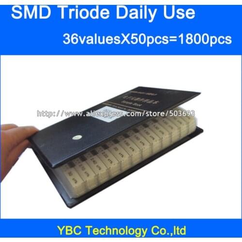 Daily Use SMD Transistor Sample Book 36valuesx50pc=1800pcs Triode Assorted Kit S9012 SS8050 BAV70 2N5551 SI2300 BAT54A TL431 etc