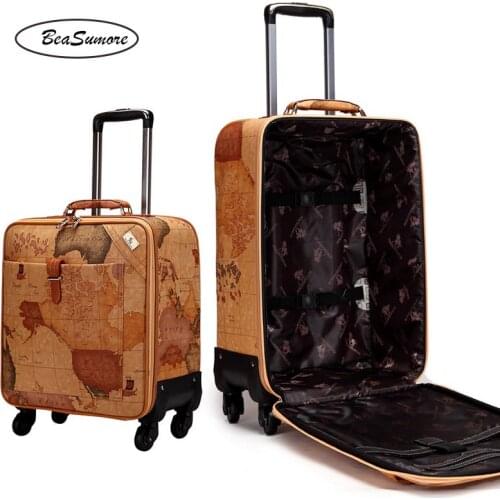 BeaSumore Fashion map PU Leather Rolling Luggage Spinner 24 inch Retro Wheel Suitcases 16/20 inch Men Cabin password Trolley