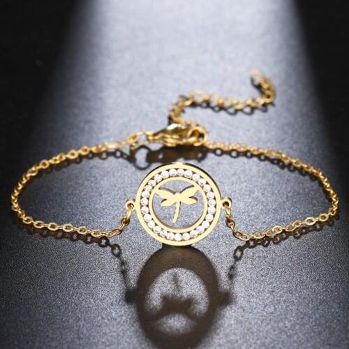 CACANA 316L Stainless Steel For Women Crystal Bracelet Fashion Dragonfly Round Bracelets Gold Color Engagement Gifts Jewelry New