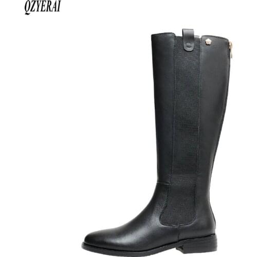 Black New winter Knee high boots Genuine leather Women boots warm Motorcycle boots knight snow boots cowhide Women shoes