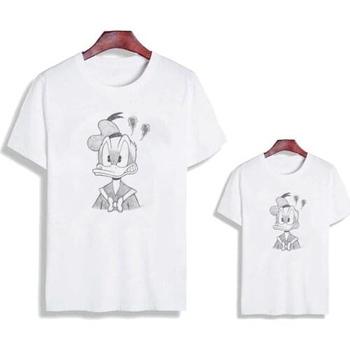 Donald Duck Print Mother-Daughter T Shirt Short Sleeve Summer Loose Mom And Girl White Round Neck Top Family Matching Outfits
