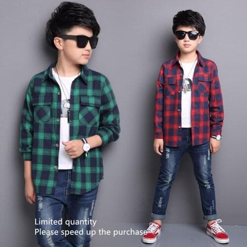 Classic casual plaid big boy shirt long sleeve childrens shirt spring and autumn casual girl shirt 4-14 years old boy clothes