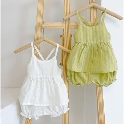 Korean Style Summer Infant Baby Girls Clothing Sets Solid Color Suspender +Shorts Suit Toddler Baby Girls Clothes Suit