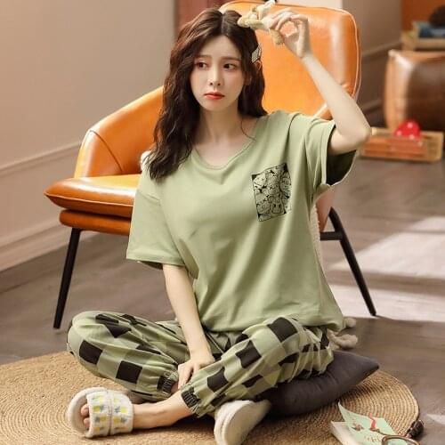 Long Trousers Ladies Pj Set Home Suit Summer Pajamas Set Women Comfortable Cotton Colorful Pajamas Short Sleeve Tops