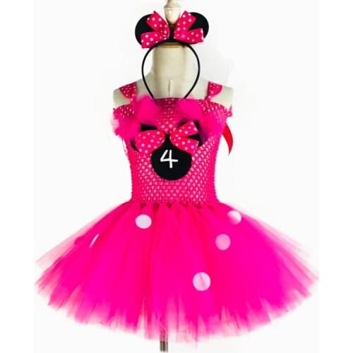 Cute Girls Pink Mickey Tutu Dress Baby Crochet Dress with White Dots and Hairbow Kids Birthday Party Cosplay Costume Tutus Dress