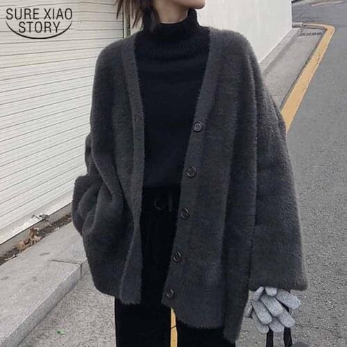 Fashion V-neck Faux Mink Fleece Knitted Coat 2021 Winter Apricot Slim Mid-Length Loose Sweater Women Women Sweaters 11650