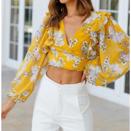 Puloru New Women Floral Chiffon Blouse Chic Office Lady Long Lantern Sleeve Wrap V Neck Tie Knot Back Crop Tops Pullover Tops