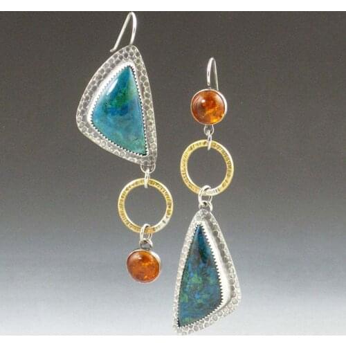 Newest Fashion Triangle Turquoises Earrings Female Tribal Jewelry Two-color Metal Circle Resin Stone Long Drop Earrings brincos