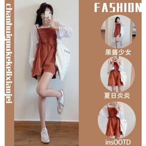 Summer 2021 New Korean Ins Slim Overalls + White Thin Long-sleeved Female Two-piece Suit