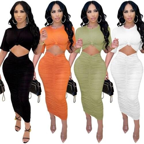 Solid Women 2pcs Dress Set Summer Short Sleeve Crop Top Amd Long Pleated Ruched Maxi Skirts Party Night Club Bodycon