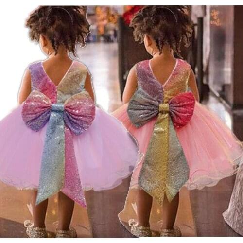 Big Bow Rainbow Dress For Girls Summer Mesh Backless Princess Ball Gown For 1-5 Years Kids Fancy Tutu Tuller DressFor Children