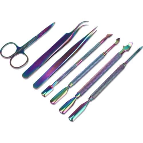 Rainbow Stainless Steel Nail Cuticle Pusher Nipper Scissors Tweezers Laser Dead Skin Remover Dual-end Manicure Nail Care Tool