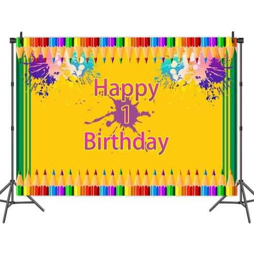 Happy Birthday One Year Old with Colored Pen Background Portrait Photography Decors Photographic Backdrops Photocall Studio