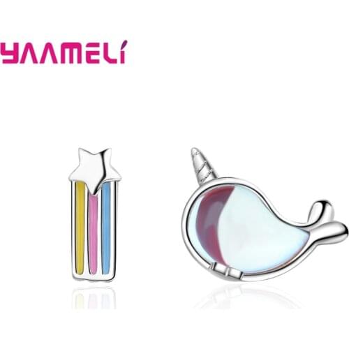 925 Sterling Silver Stud Earrings for Woman Girl Child Gift Lovely Enameled Whale Rainbow Star Design Ear Ornament Jewelry