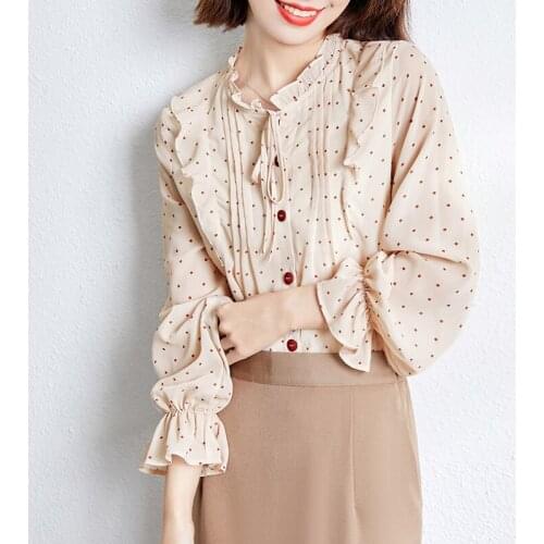2021 Blusas Mujer Long Sleeve Dot Chiffon Tops Tees Korean Loose OL Blouses mujer de moda Female Spring Beige Shirts 1087