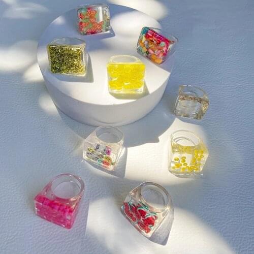 VG 6YM Korean Fashion Fresh Fruits Transparent Resin Acrylic Ring For Women Girls New Design Strawberry Finger Jewelry Gifts