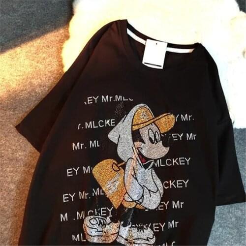 Disney Rhinestone Mickey Mouse T-shirt For Women Short Sleeve Tops 2021 Summer Ladies Cartoon Diamond Harajuku Female Tee Shirts