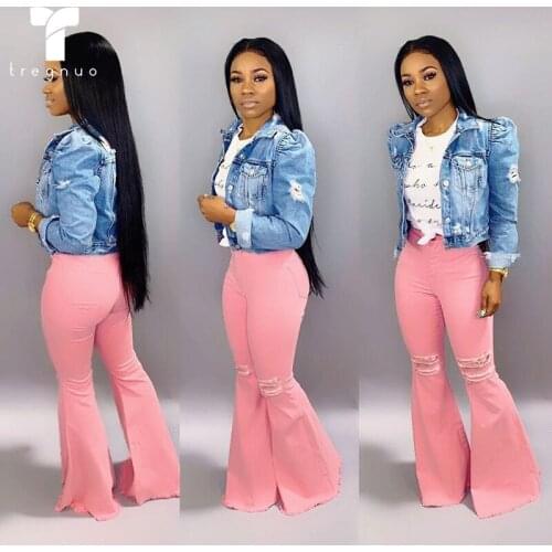 2021 Women Jeans Solid Color Trousers Woman High Waist Boot Cut Pant Spring And Autumn Bottoms Pink Plus Size