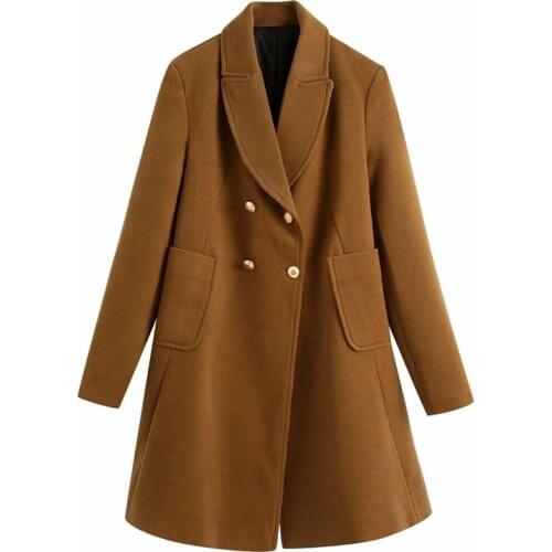 Evfer Women Winter Fashion Double Breasted Za Woolen Brown Warm Long Outwear Female Elegant Long Sleeve Thick Coats Jackets Chic