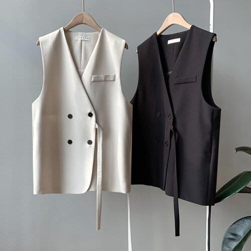 Pop New Women simply sleeveless double breasted vest jacket office ladies wear casual suit waistCoat pockets outwear tops
