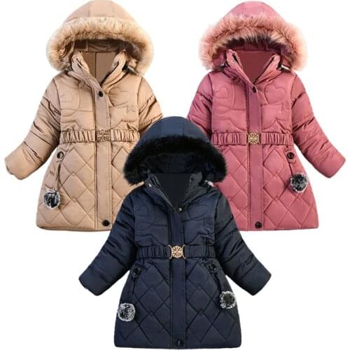 Winter Coat For Girls Thick Jacket Padded Solid Color Mid-Length Hooded Collar Overcoat Fashion Kids Outerwear Teenage Clothes