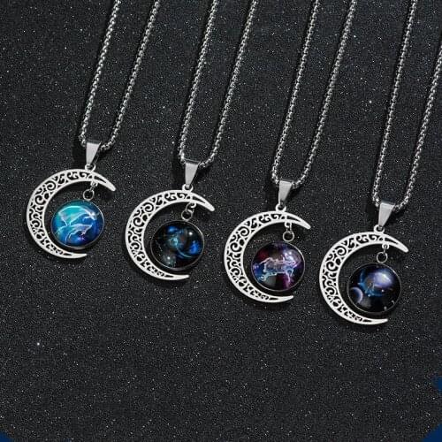 12 Constellation Necklace Zodiac Signs Cabochon Glass Crescent Moon Pendant Clavicle chain Necklace Birthday Gifts for Male and