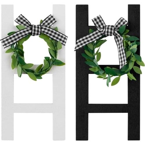 2Pcs Wooden Ladder Decoration Black&White Adorable Plaid Bow Miniature Handcraft Ornament Home Tray Decoration Diy Supplies