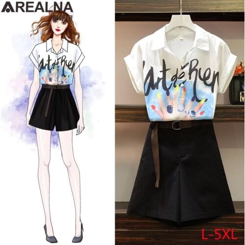 2020 new fashion womens two piece set girl print chiffon blouse +shorts suits plus size Casual Office Elegant 2 piece set women
