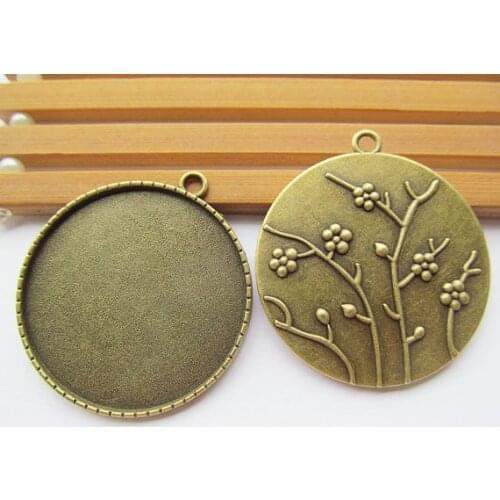 50pcs Heavy Antique Silver tone/Antique Bronze Flower Branch Base Setting Tray Bezel Pendant Charm,fit 40mm Round Cabochon/Cameo