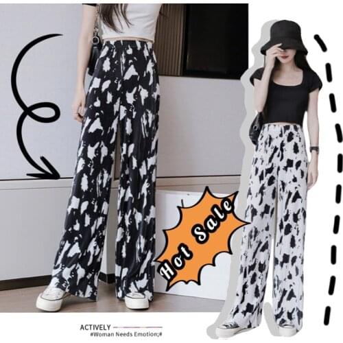 Summer Tie Dye Cow Pattern Wide Leg Pants Womens Pants 2021 Korean Fashion Elastic Aesthetic Fluid Womens Long Pants