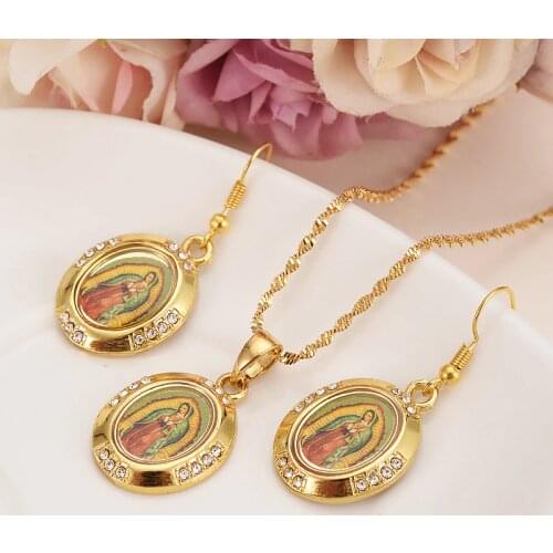 Mother Virgin Mary Necklace & Earrings Set Gold Color Catholic Religious crystalJewelry Set Christmas Gift For Women girls gifts
