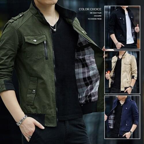 Spring Autumn Business Casual Jacket Mens Pure Color Washing Baseball Coat Stand Collar Zipper Cotton Blouse Brand Clothing 2021