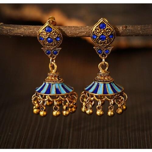 India Unique Pendant Ethnic style Earrings Drop Geometric Pendant Earrings Crystal Inlaid Gold Color Copper Beads Tassel Earring