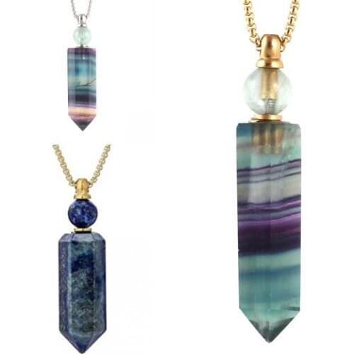 KFT Natural Healing Crystal Quartz Hexagon Essential Oil Diffuser Perfume Bottle Gems Pendant Necklace Stainless Steel Jewelry