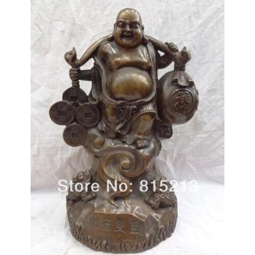 Bi00648 17" Chinese Bronze RuYi Coin Bag Fu Happy Laugh Maitreya Buddha Hoptoad Statue