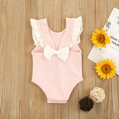 0-24M Babys Casual Bow Romper Round Neck Falbala Flying Sleeve Loose Elastic Jumpsuit