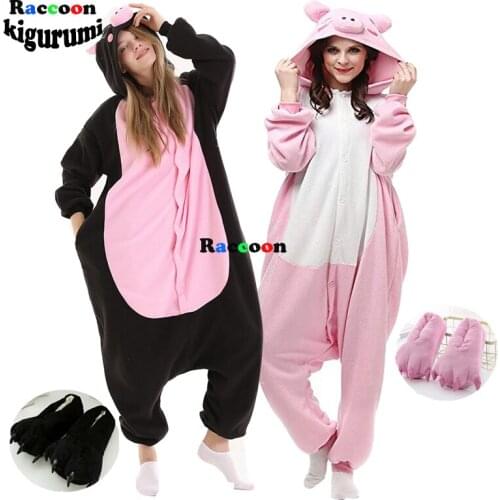 Black Pink Pig For Adults Women Fleece Cartoon Animal Onesie Man Cosplay Outfit Sleep Homewear One-Piece Romper Raccoon Kigurumi