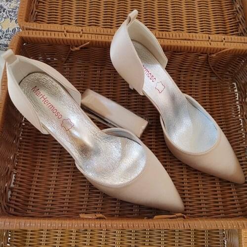 Hot Sell Champagne Color Womens Pumps Lace Up Bridal Wedding Shoes Pointed Toe Satin Ladie Shoe Casual Evening Party Hight Heel