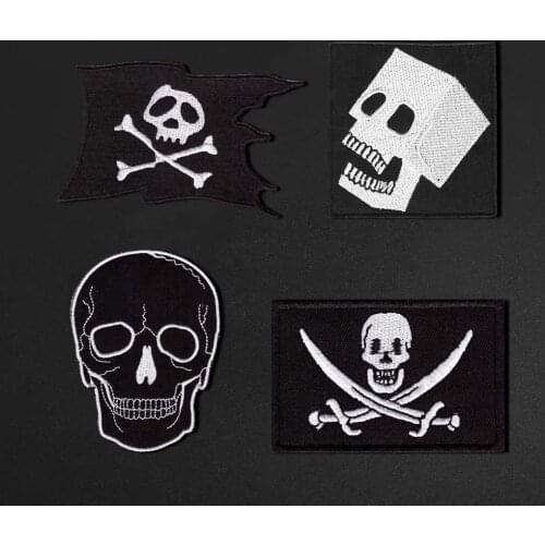 Fashionable skull banner embroidery black square patch clothes torn hole decoration design ironed on clothes with iron